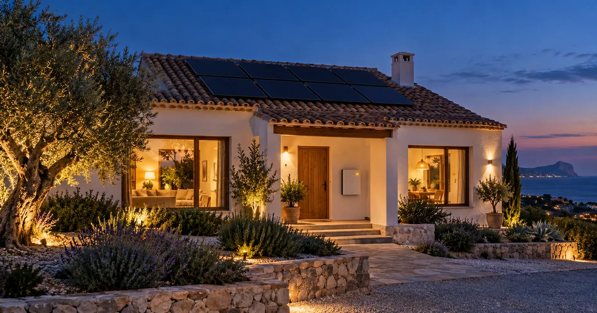 Casa con placas solares en el tejado y batería solar doméstica en la pared